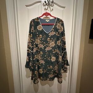 Kori Floral swing Dress - Forest Green Teal and Cream